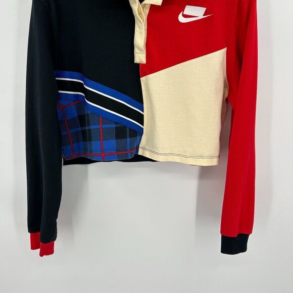NIKE Womens Red Blue Cream Colorblock Cropped Boxy Long Sleeve Polo Shirt Small - Picture 5 of 8